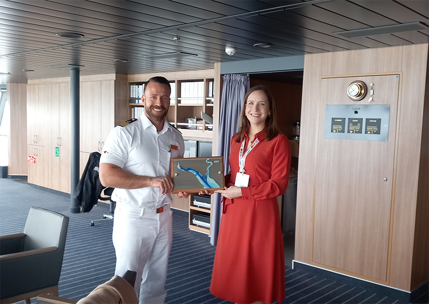 Rebekah Keeler, Head of Cruise, ABP Southampton with Captain Michael Schmid, AIDAnova (Image at LateCruiseNews.com - May 2023)